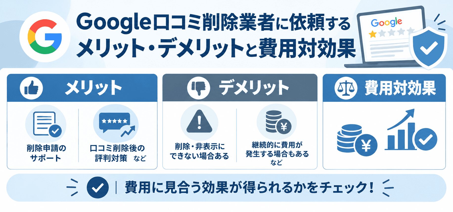 Google口コミ削除業者に依頼するメリット・デメリットと費用対効果