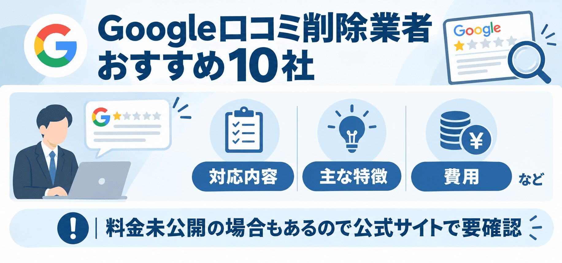 Google口コミ削除業者おすすめ10社｜費用・特徴の比較表付き