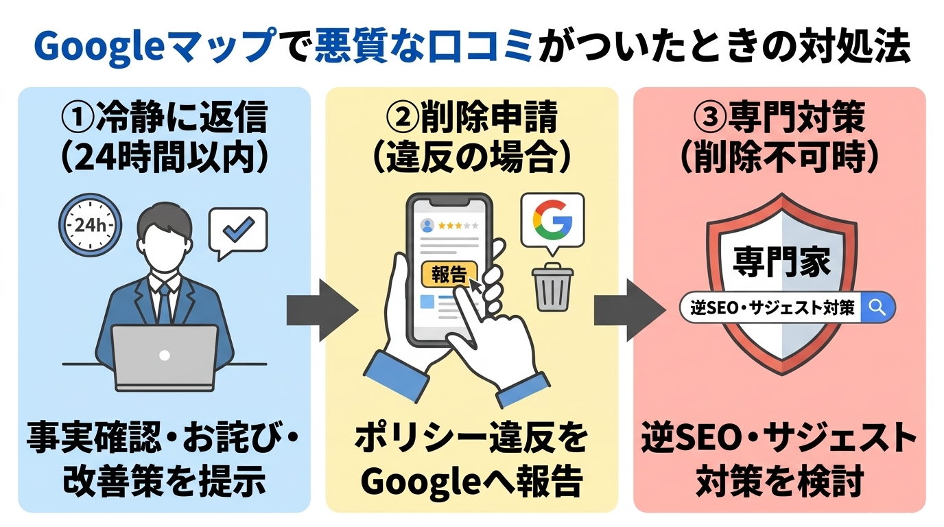 Googleマップで悪質な口コミがついたときの対処法