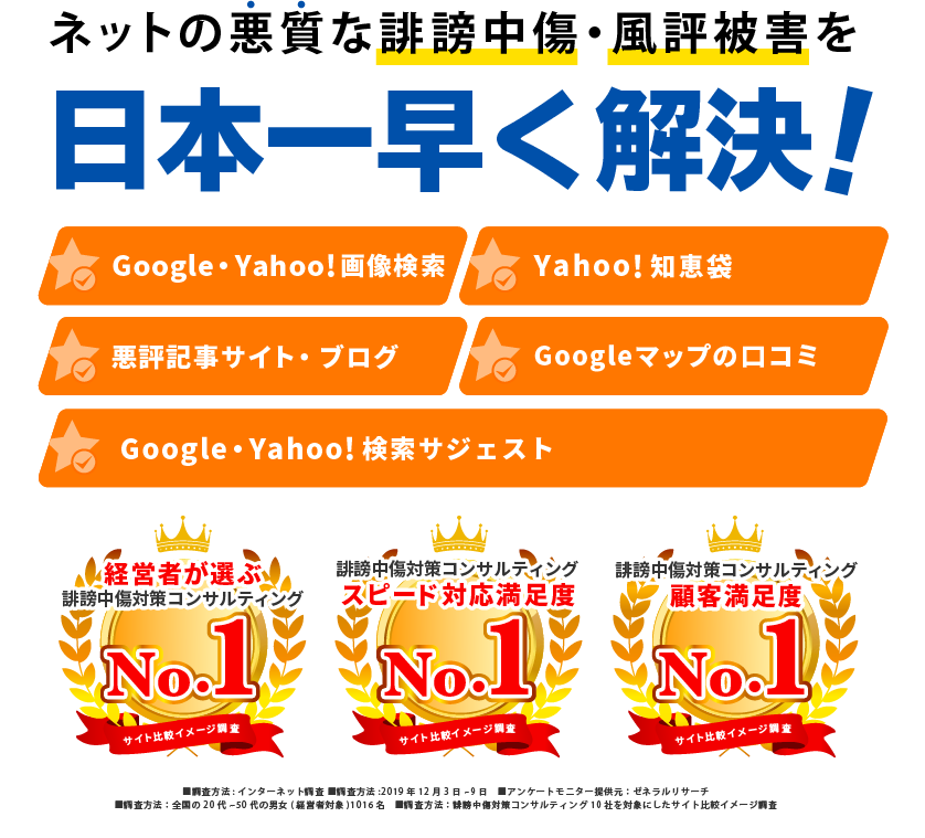 ネットの悪質な誹謗中傷・風評被害を日本一早く解決！!